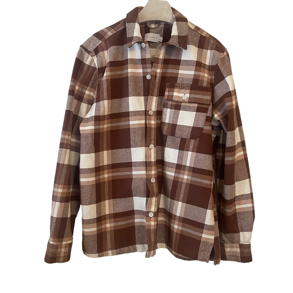 Topman Shirt Flannel Small Plaid Thick Cotton Brown White